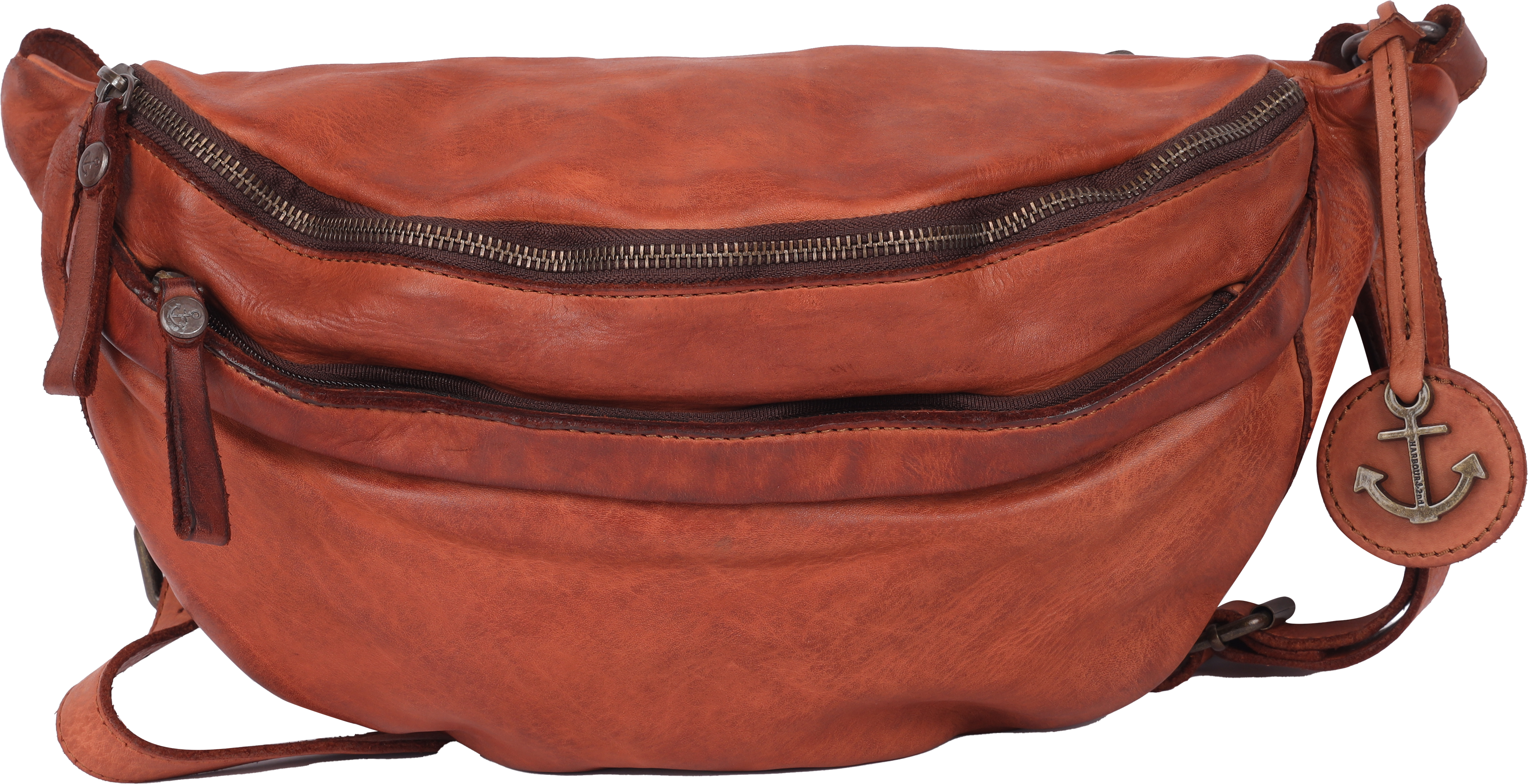 Gürteltasche HARBOUR 2ND "Kendall", Damen, Gr. B/H/T: 40cm x 18cm x 11cm, braun (cognac), Rindsleder, Taschen Gürteltasche, Bauchtasche, Body Bag mit dekorativem Anhänger cognac B/H/T: 40cm x 18cm x 11cm