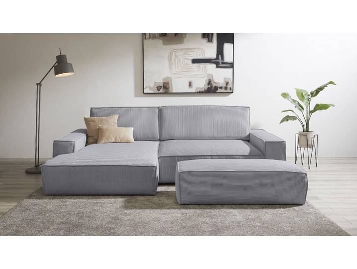 Polsterecke, Cord, Hellgrau, 284×135 cm, Schlaffunktion, Landhaus, Home-affaire