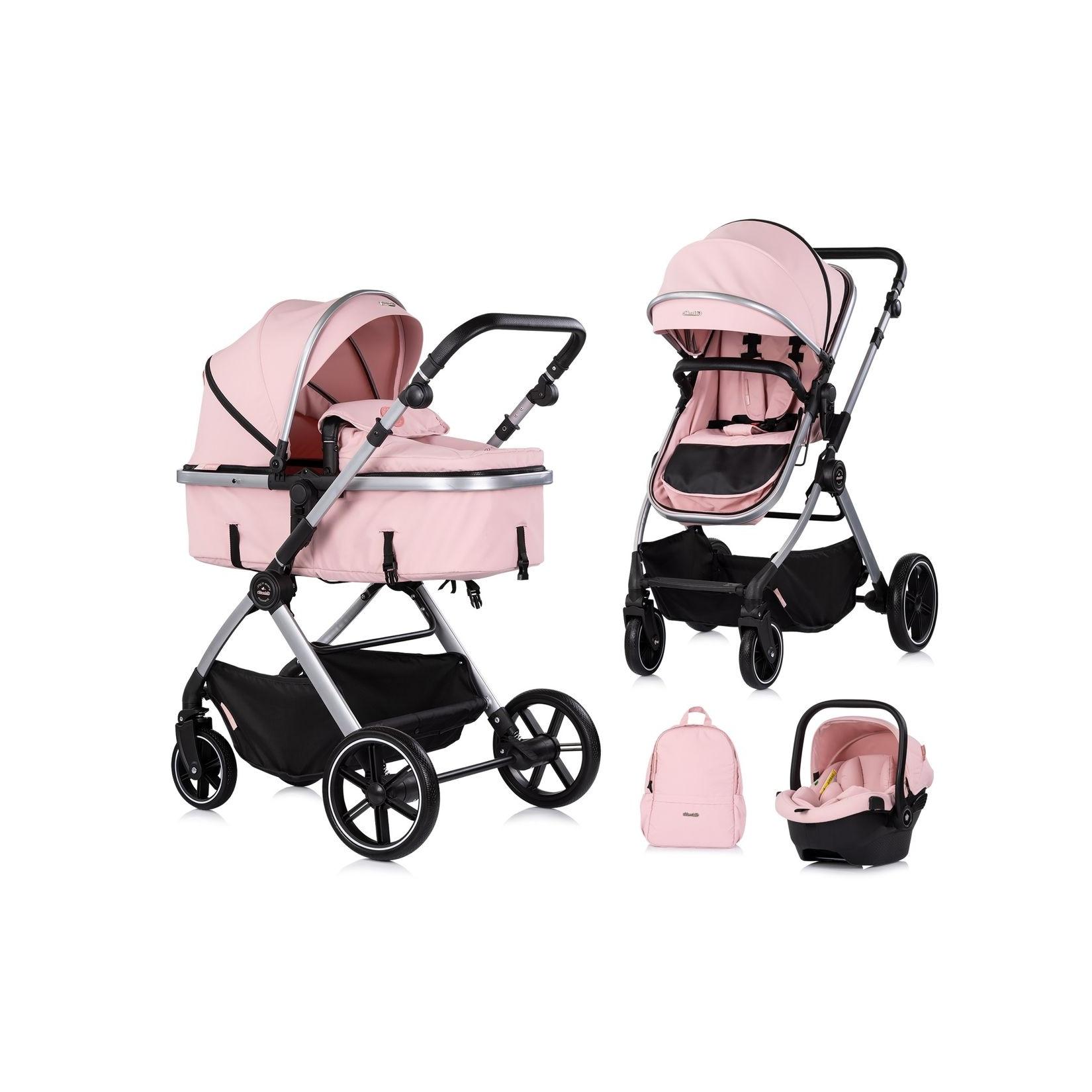 Chipolino Kombikinderwagen Pearl 3 in 1 umbaubar Babyschale Wickeltasche Fußsack rosa