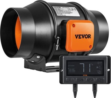 Vevor Inline Kanaalventilator met Temperatuur- en Vochtigheidsregelaar, Stille EC-motor, Zwart
