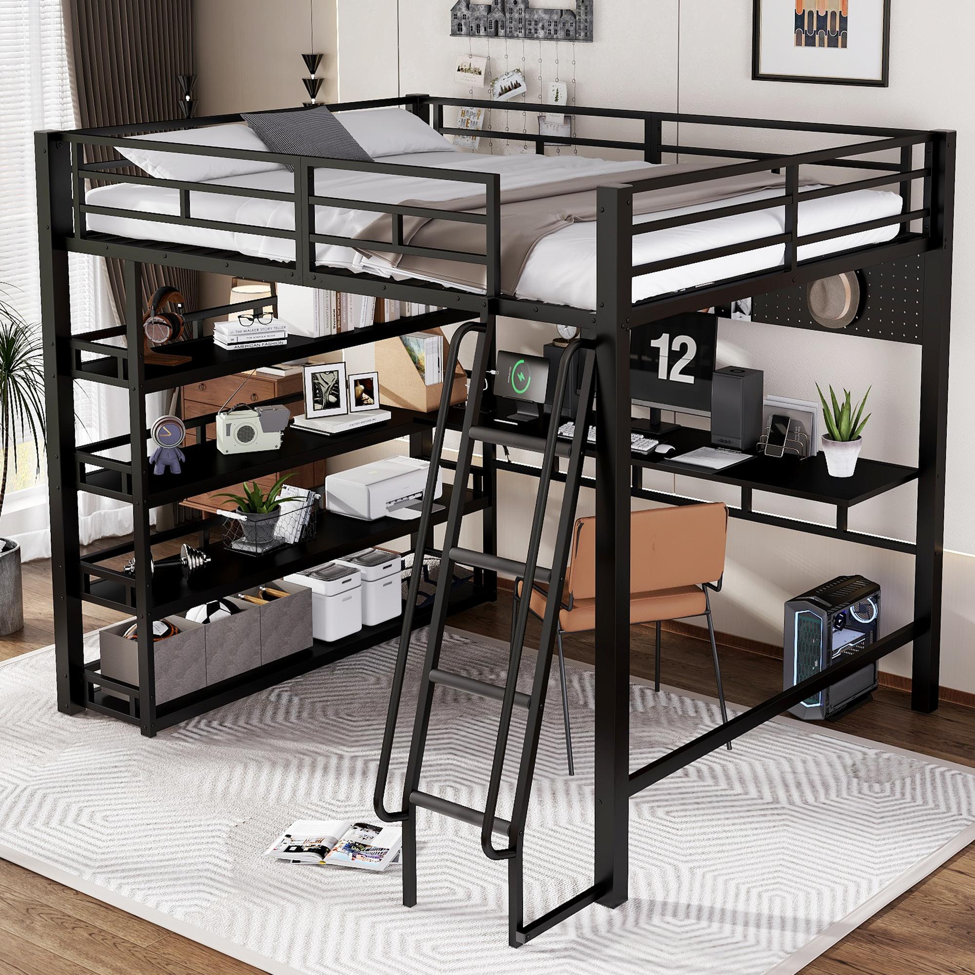 Merax Hochbett Etagenbett 140x200 cm mit Ladeanschluss und Schrägleiter, Eisenbett mit Ablagen und viel Stauraum, Aufhängfunktion, stabil, Schwarz