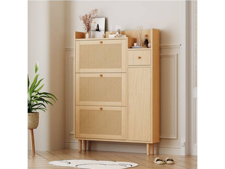 meuble rangement chaussure pour entree compacte 90x125x17 cm MDF naturel organisation EVRYAE