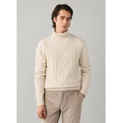 Hackett London für Herren. HM7000289 Rollkragenpullover mit Argyle-Muster in Gebrochenem Weiß (L), Lässig, Wolle, Klassisch