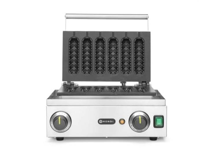 HENDI Waffeleisen 'Corn Dog', Für 6 leckere Lollipop-Waffeln oder Corn Dogs, Temperatur einstellbar von 50˚C bis 220˚C, Teflon®-Antihaftbeschichtung, 230V, 1550W, 390x335x(H)230mm, Edelstahl