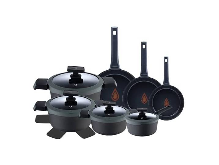 MasterPRO Gastro Reeco 11-teiliges Set 20, 24 und 28 cm Bratpfannen, 20, 24 und 28 cm Kochtöpfe und 16 cm Kochtopf mit Deckel Recyceltes Aluminiumguss Heatdot Antihaftbeschichtung, schwarz