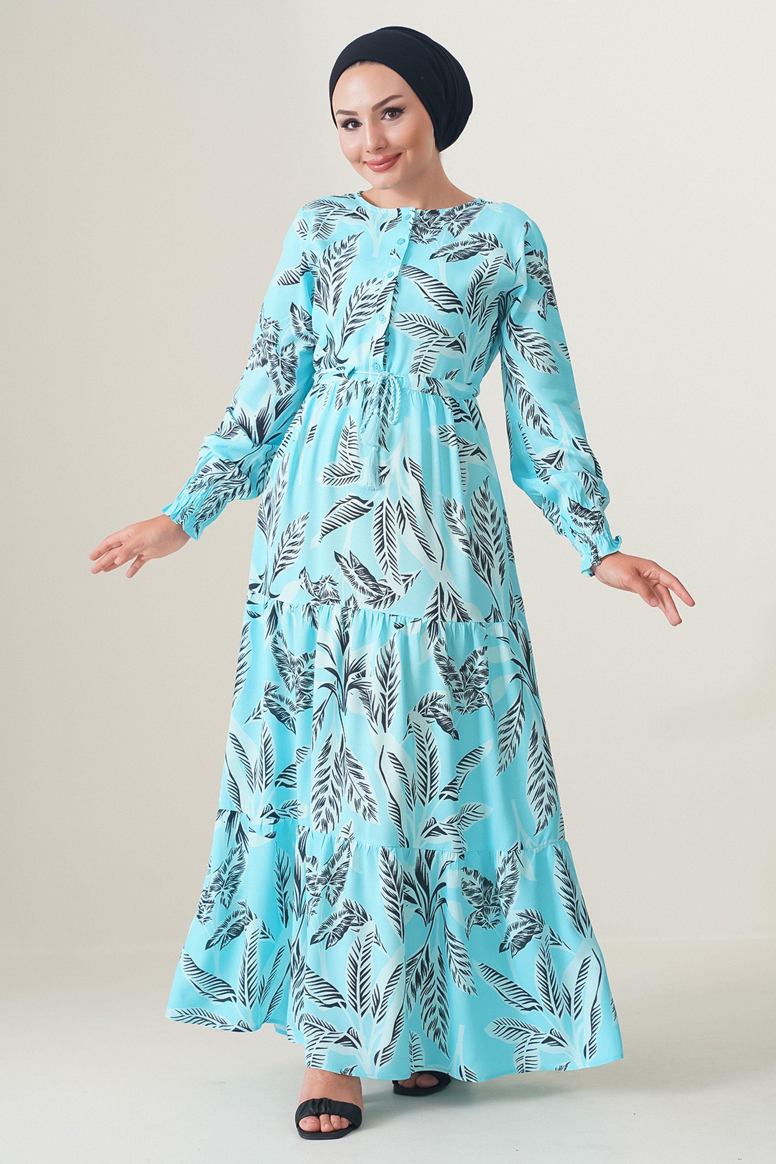 Blätterdruck Langarm Schichten-Maxikleid