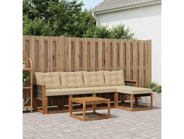 RJPLMFV Ecksofa-Set für den Außenbereich, 6-teilig, Akazie, Beige Atmungsaktive Textilen-Rückenlehne, Kissen mit Reißverschluss, wetterfest, modulare Konfiguration