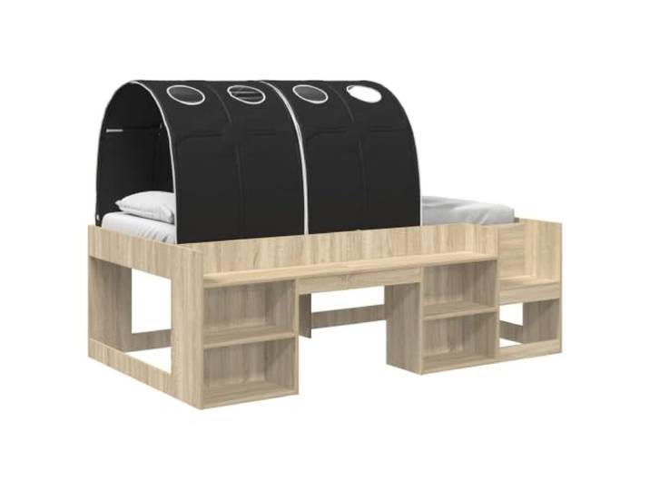 Keeushr Bett mit 3 STK. Sonoma Eiche und Schwarz Holzwerkstoff Holzwerkstoffrahmen,eingebaute Regale,stabiler Lattenrost,modernes Design,klare Linien