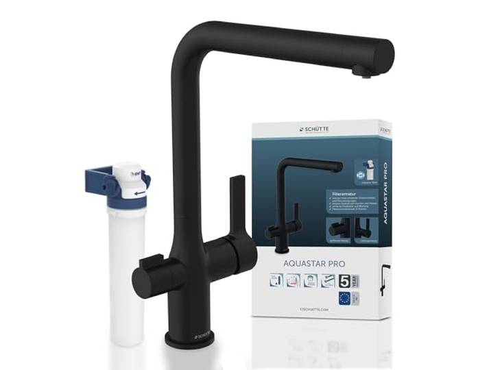 SCHÜTTE 99860 AQUASTAR PRO Trinkwasser-Spültischarmatur mit Filtersystem, 3 Wege Küchenarmatur, Küchenarmatur mit Wasserfilter gegen Kalkrückstände und Schwermetalle, Schwarz