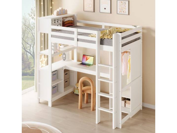 Lit superposé - Multifonction 90x200 - Pin massif - Avec bureau et rangements - Blanc