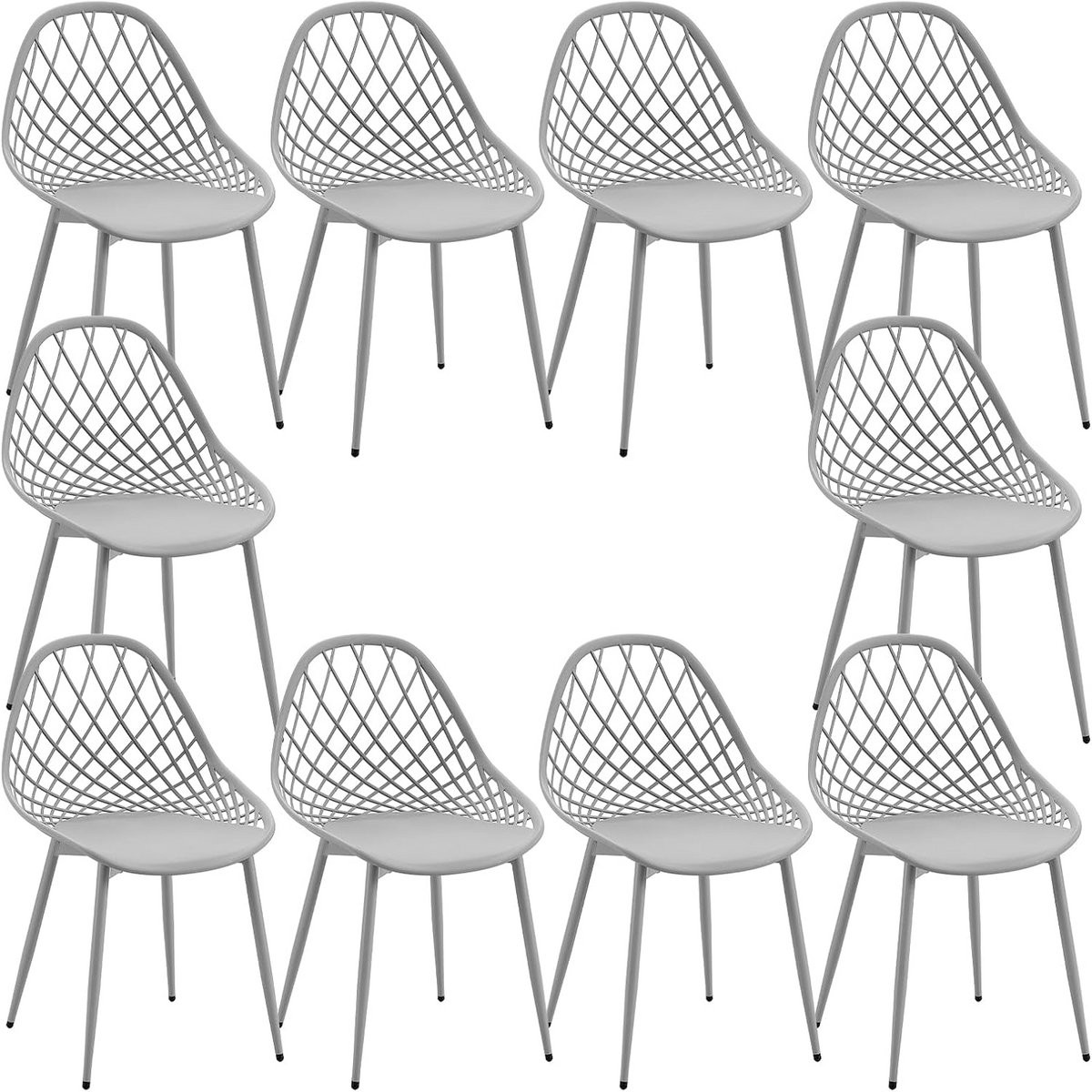 Set van 10 grijze eetkamerstoelen met metalen poten