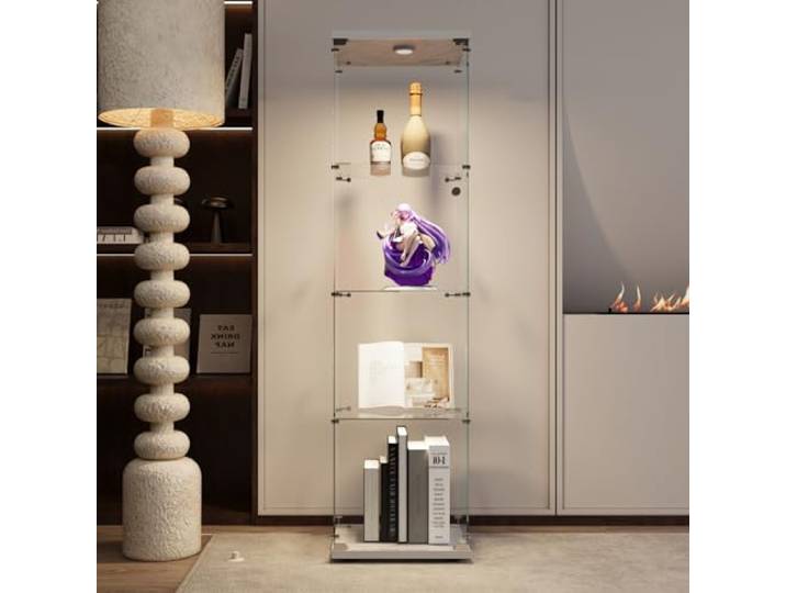 QMTXBYJ Glasvitrine mit LED-Beleuchtung, 164x43x37cm, Modern Vitrine mit 4 Regalen, 1 Türen Glas Vitrine Vitrinenschrank, Glasschrank Standvitrine aus Gehärtetes Glas und Holz, für Wohnzimmer