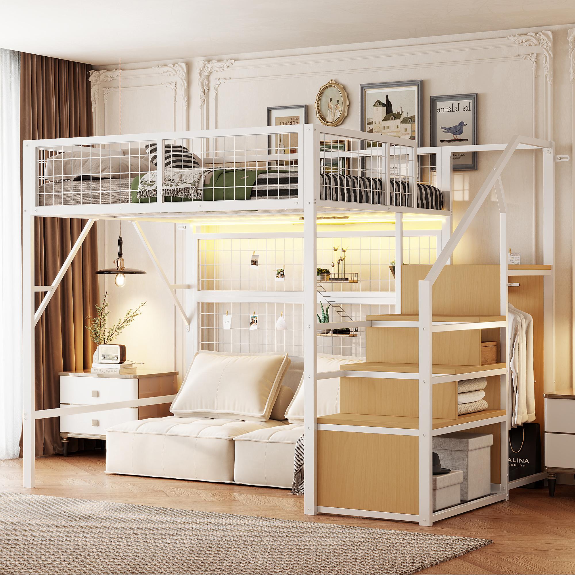 Sweiko Eisenbett, Etagenbett, Hochbett 140x200, Geeignet für Kinder und Jugendliche Vielseitiges,Metall-Hochbett mit APP-gesteuerten LED-Lichtleisten Treppe mit Stauraum, offenem Kleiderschrank Weiß