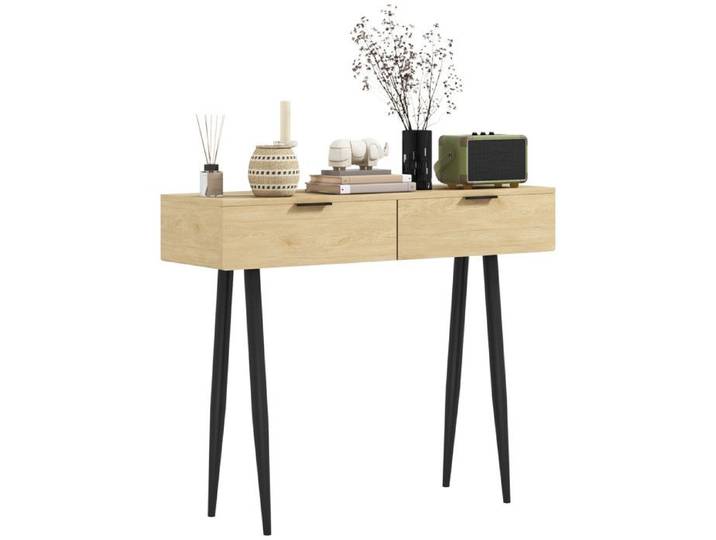 Console style nordique 2 tiroirs métal noir effet bois clair