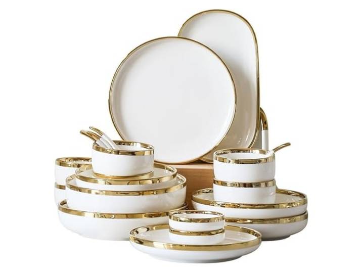 LYHYDMA Geschirrset Gold Helle Weiße Porzellan Abendessen Sets Keramik Schüssel Teller Set Geschirr for Haushalt Hotel Für Küche und Esszimmer(Bright B2people Set)