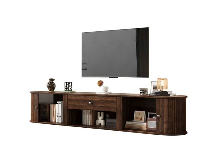 Meuble TV pour téléviseur jusqu'à 75 pouces 2 portes à rideau tiroir et niche effet noyer 180 x 40 x 40 cm