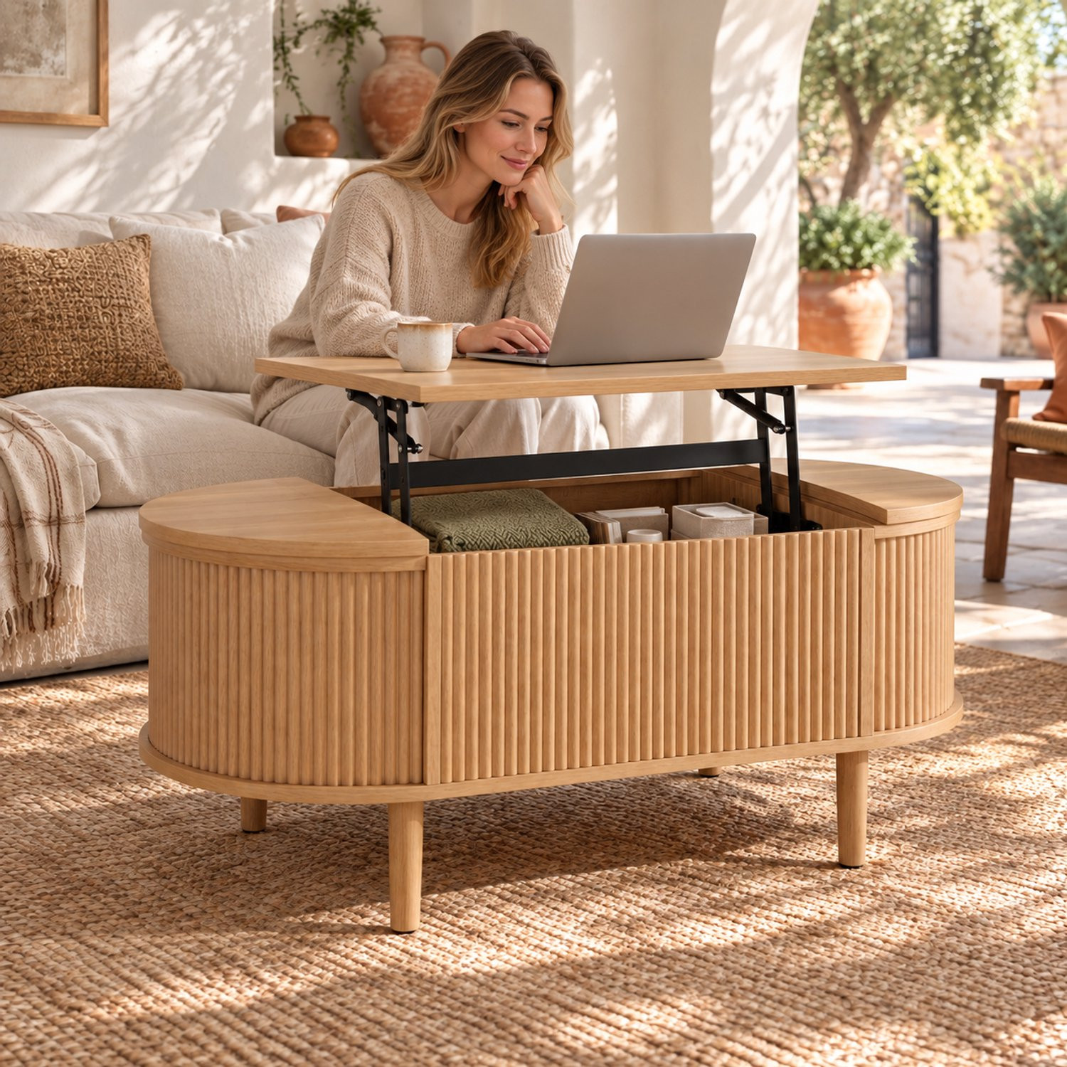 CHICFURN Salontafel met opklapbaar blad en opbergruimte, ovaal, eikenkleur, Breedte: 100 cm