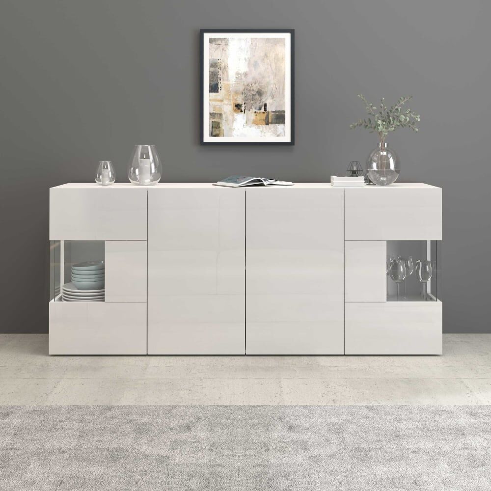 Whous Buffet vitrine 4 portes 180 cm effet bois blanc brillant Blanc 180x80x40cm