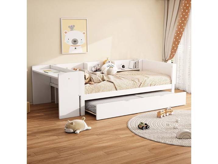 Lit combiné - YEHTOKHOME - 90x200 cm - Bureau intégré - Lit gigogne - 3 étagères