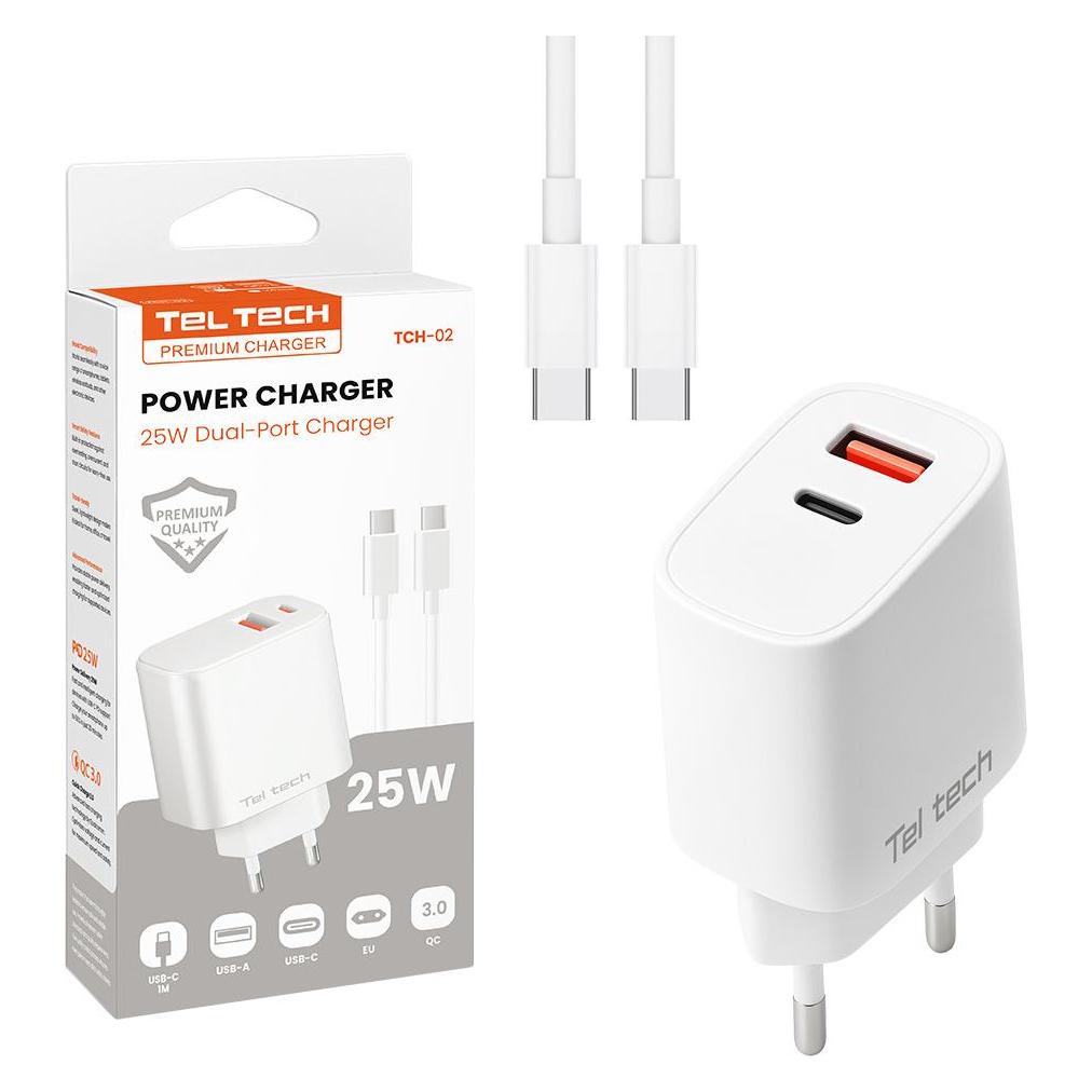 Teltech 25W WANDLADEGERÄT USB+TYPE-C + TYPE-C/TYPE-C PD KABEL WEISS TCH-02 (25 W) (36562)