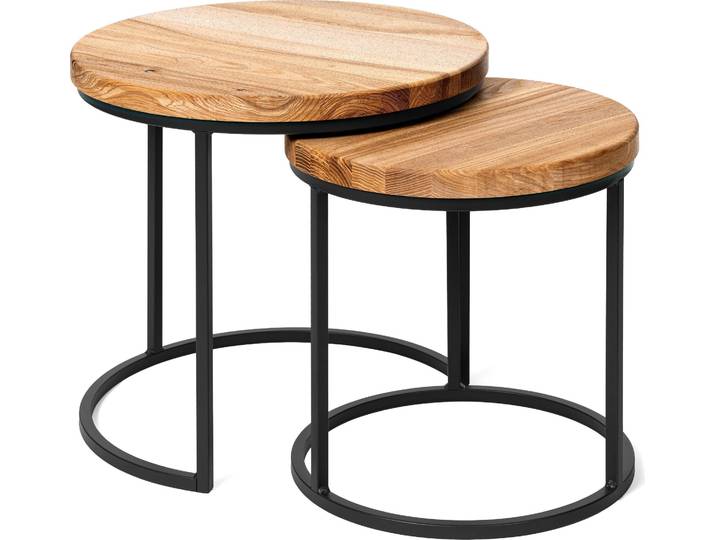 LAMO Manufaktur Table basse gigogne en bois rond - lot de 2 pièces - Table d'appoint bout de canapé pour salon\, chambre à coucher - Tables basses industrielles - Couleur : foncé\, pieds : noir