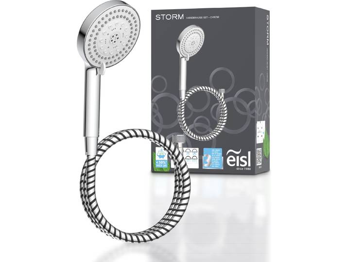 eisl Handbrause-Set PARMA mit 7 Strahlvarianten, Brausekopf mit Wasser-Stopp-Funktion, Duschbrause Chrom