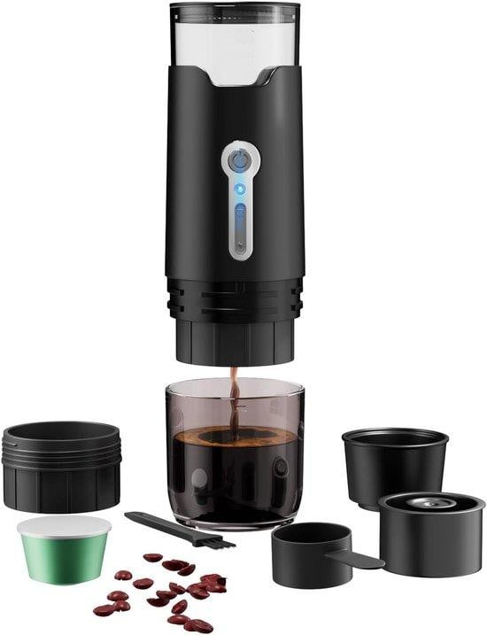 Robuuste zwarte koffiemachine en koffiezetapparaat voor onderweg en op kantoor