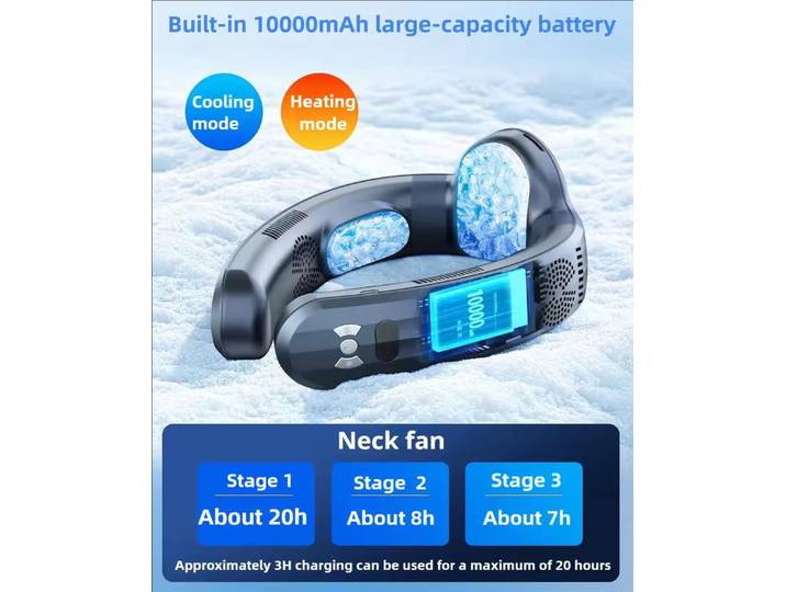 Nouveau ventilateur de cou amélioré de 10000 mAh, réfrigération par semi-conducteurs, affichage numérique intelligent, mode double refroidissement et chauffage, ventilateur sans pales.