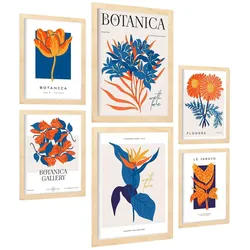 POSTER Set Mit 6 Blumen Orange Blütenblätter Natur Und Botanikdrucke Für Innenarchitektur A3 & A4 Rahmen Aus Hellem Holz