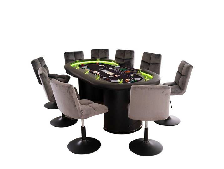 HOME DELUXE Spieltisch Pokertisch inkl. Pokerkoffer und Stühle LAS VEGAS, (215 x 106 x 78 cm), mit LED Beleuchtung & für 9 Personen I Poker Tisch