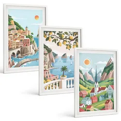 BILDER SET 3er Set - 40x60 cm Weißer Rahmen - Landschaften, Meer, Zitrusfrüchte