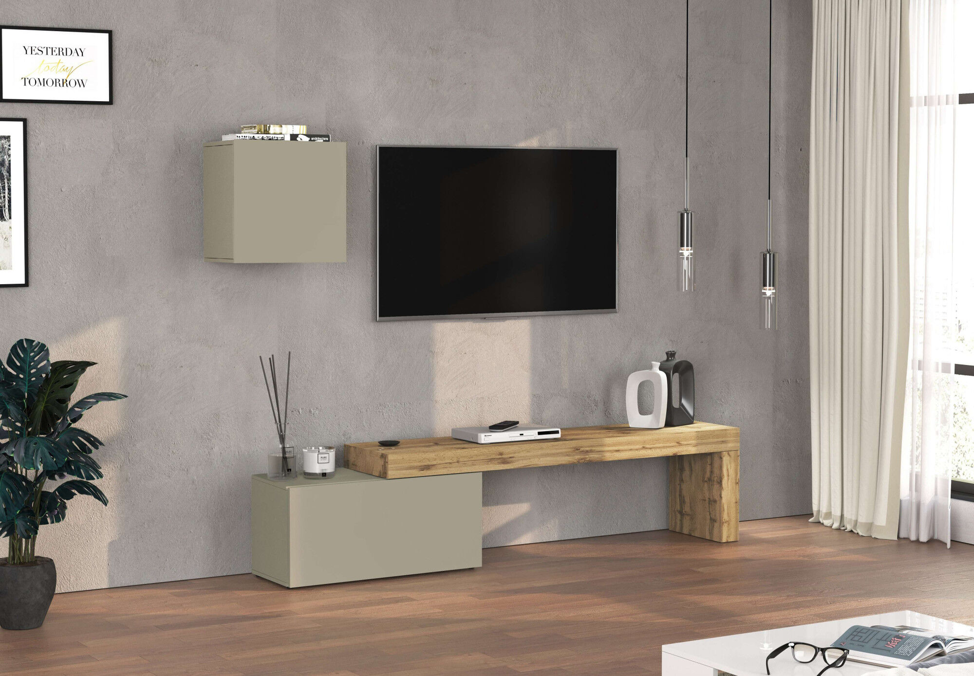 TV-Wand OTTO HOME "Chronos TV-Set, Wohnwand – Elemente frei platzierbar, Made in Italy", taube, eiche wotan, B:220cm H:190cm T:40cm, Kastenmöbel-Sets, TV-Wand, Lowboard Breite 220 cm, Hängeschrank Breite 50 cm, Made in Italy