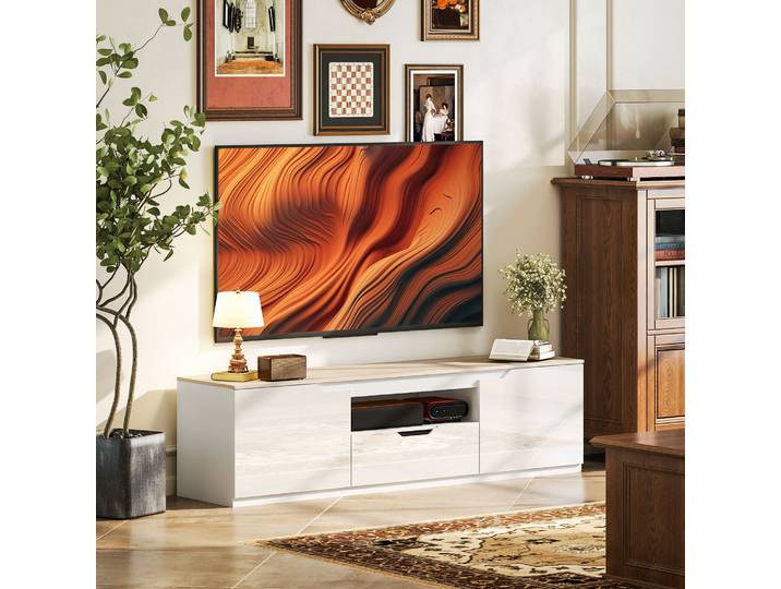 HOMCOM Meuble TV Bois Naturel 160cm 3 Compartiments 1 Tiroir