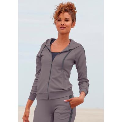 Trainingsjacke LASCANA ACTIVE, Damen, Gr. S (36/38), grau (stone), Interlock, Obermaterial: 100% Baumwolle, unifarben, bequem hüftlang, Bündchen, Jacken Trainingsjacke, mit Logo Tape an den Ärmeln