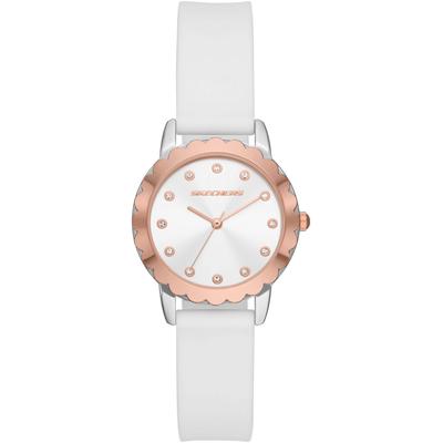 Quarzuhr SKECHERS "ANAHEIM", weiß (weiß, silberfarben), Armbanduhren, Damen, silberfarben-roségoldfarben, Quarzuhr, Armbanduhr, Damenuhr, Silikonarmband, analog, Glassteine