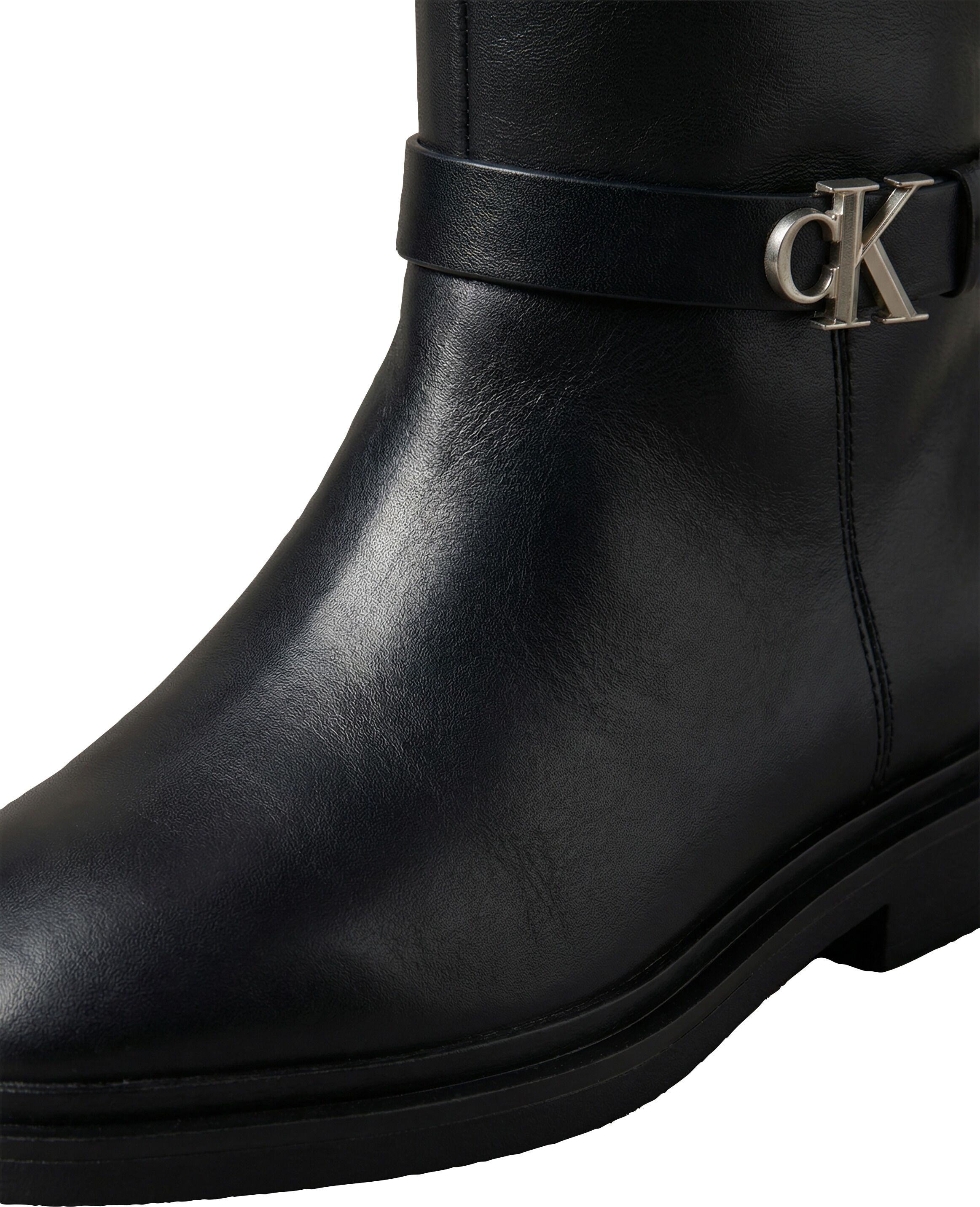 Stiefel CALVIN KLEIN "SQUARE HIGH BOOT LTH MG HDW", Damen, Gr. 39, Textil, Normalschaft, schwarz, Leder, unifarben, Basic,festlich, Schuhe Stiefel, Langschaftstiefel mit CK-Schmucklogo schwarz 39, Textil, Normalschaft