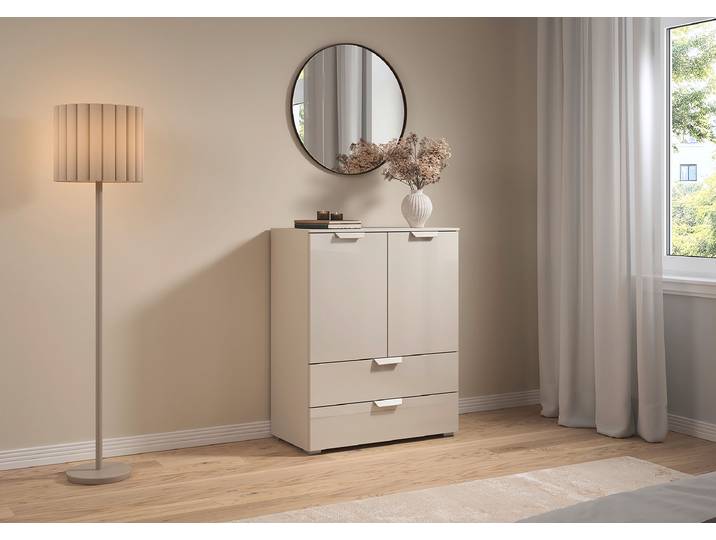Commode Aditio avec 2 tiroirs 80 x 100 x 42cm Beige/Verre cachemire/Cachemire Beige