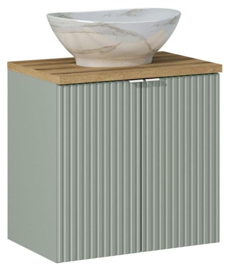 Set ELVINA 60cm: Waschtischunterschrank mit Schranktüren in Salbeigrün-Grau + Arbeitsplatte in dunkler Holzoptik + Aufsatzwaschbecken in Marmoroptik