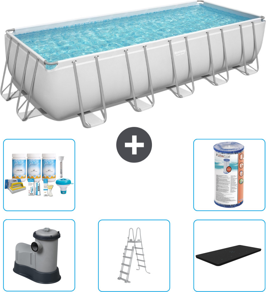 Bestway Rechteckiges Power Steel-Schwimmbecken - 640 x 274 x 132 - Grau - inklusive Pumpe - Leiter - Abdeckung Wartungspaket - Filter