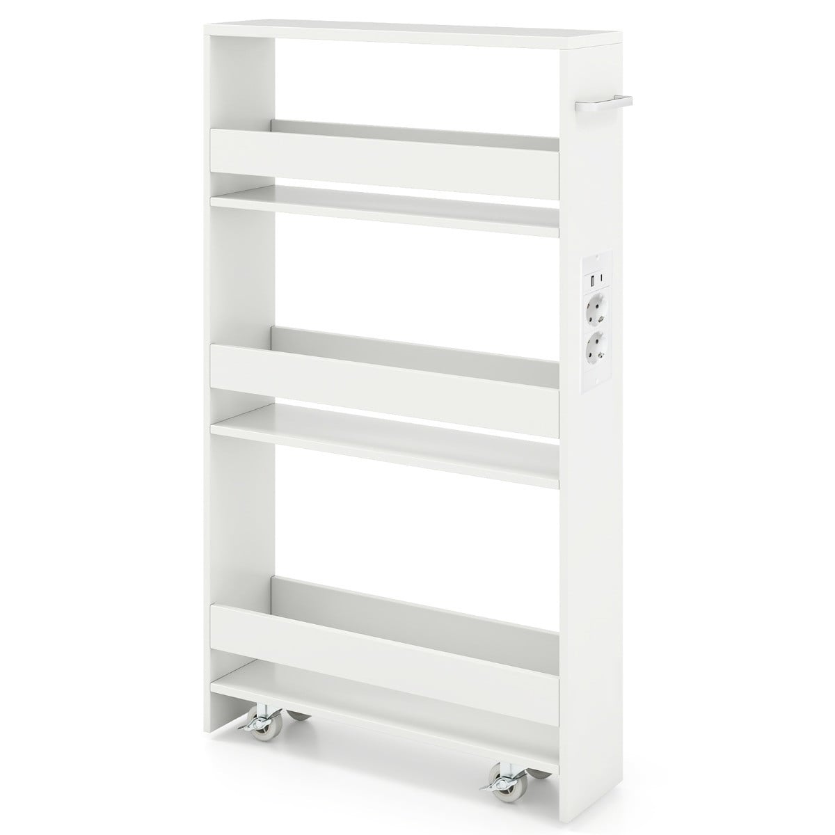 Costway Ultradunne Opbergkar met Oplaadstation, 4-laags Keukenkar met Handgrepen, Wit, Breedte: 13 cm