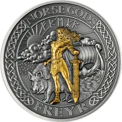 2-Unzen-Silbermünze Freyr mit Gold- und Antik-Finish-Veredelung