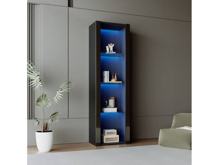 VEVXYN meuble vitrine rangement LED vitrine sur pied noir brillant 55 x 38 x 166 cm 3 tablettes en verre salon bureau