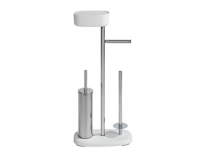 WENKO Combiné WC 5en1 Rivazza Blanc Brosse WC à tête remplaçable\, dérouleur Papier\, stockeur à Rouleaux\, boîte de Rangement et Support Portable Acier INOX - Plastique 17x72\,5x32 cm Blanc
