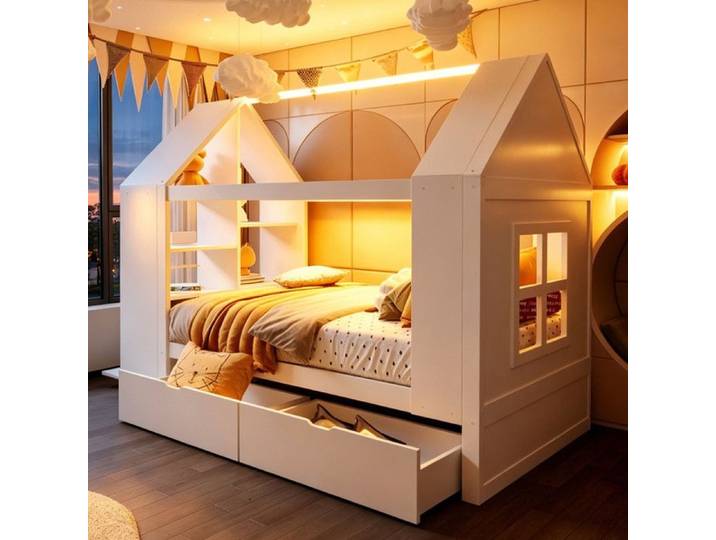 Lit cabane enfant 90x200 Lit enfant multifonction maison avec deux tiroirs éclairage LED espace de rangement 1 place sommier blanc