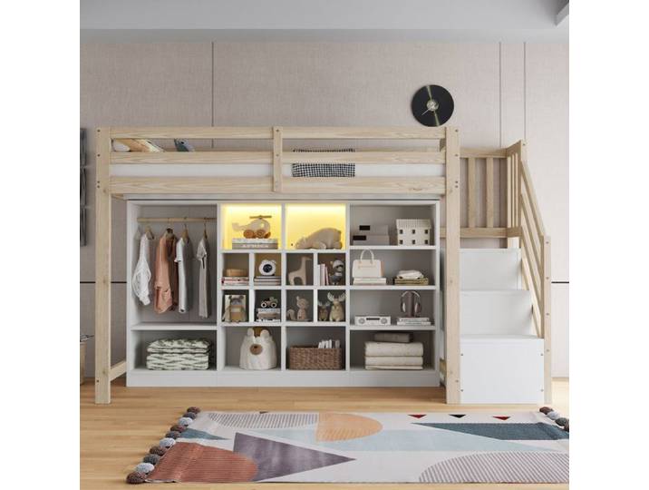 Lit Mezzanine Bois 90x200 avec Dressing et Étagères - Lit Haut Enfant avec LED Échelle Sécurité Rangement Maximal