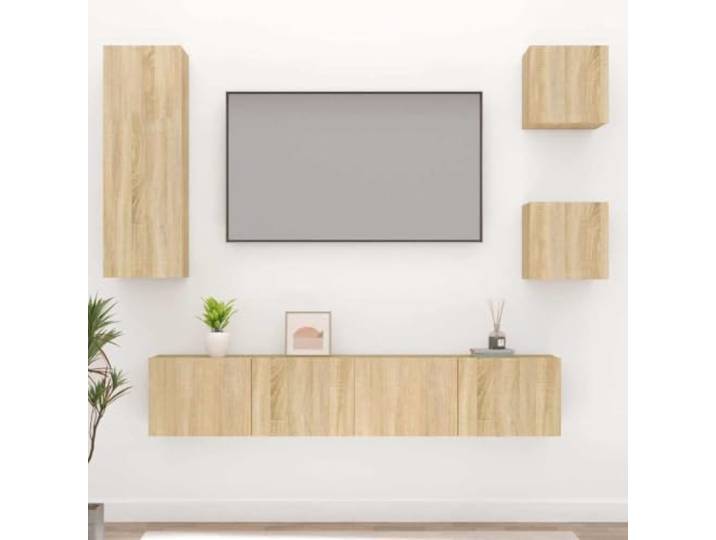 HEFZGDB 5-TLG. TV-Schrank-Set Sonoma-Eiche Holzwerkstoff mit Wandmontage und reichlich Stauraum für Wohnzimmer