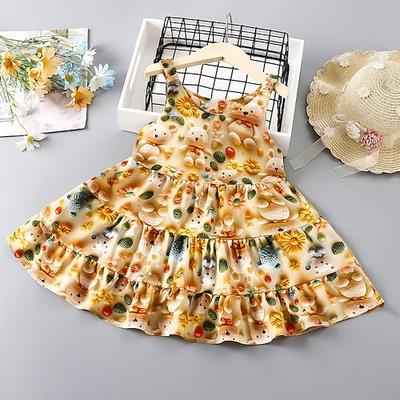 Kinder Mädchen Kleid Blume Ärmellos Outdoor Gerafft Niedlich Viskosefaser Knielang Freizeitkleid Sommer Ab 4 Jahren Gelb