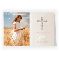 Einladungskarte Kommunion: Blumen mit Foto in Creme