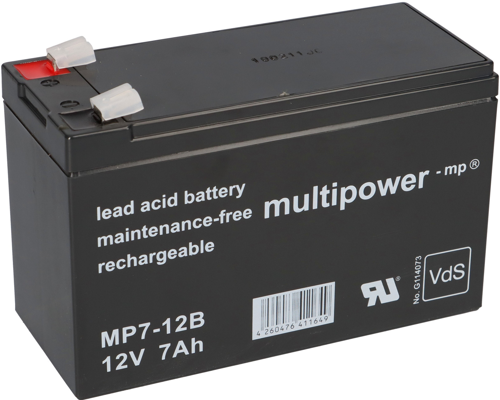 Multipower MP7-12B loodaccu, 12V, 7Ah, AGM, VdS G114073, Faston 6,3mm, type F2
