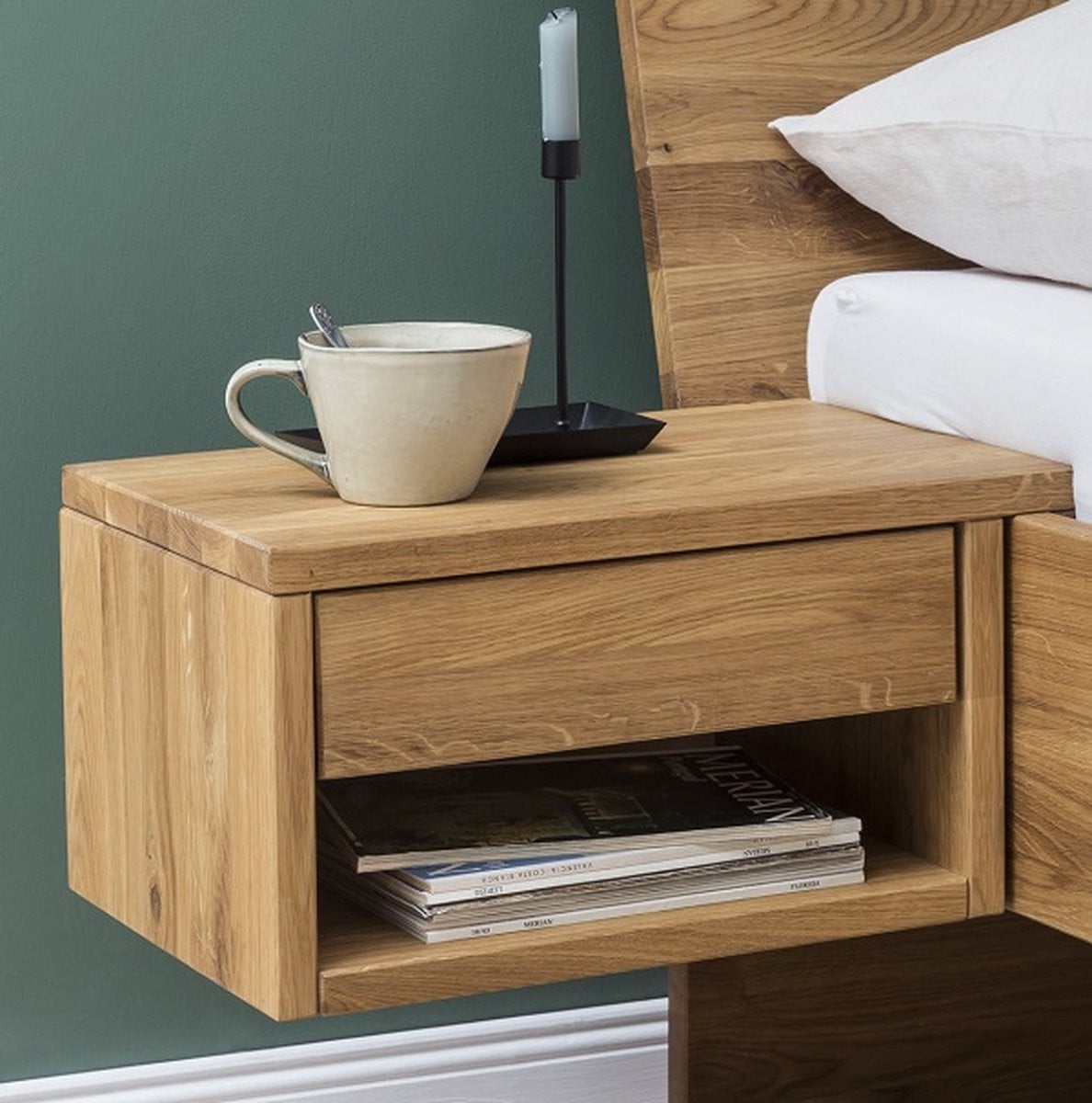 Bed Box Wonen BB Line Zwevend Nachtkastje met lade natuur geolied Rechts